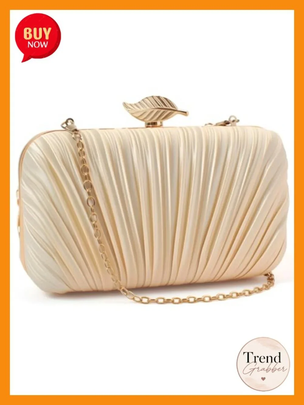 Pleated Satin Evening Clutch with Scalloped Leaf Clasp, Formal Wedding Handbag